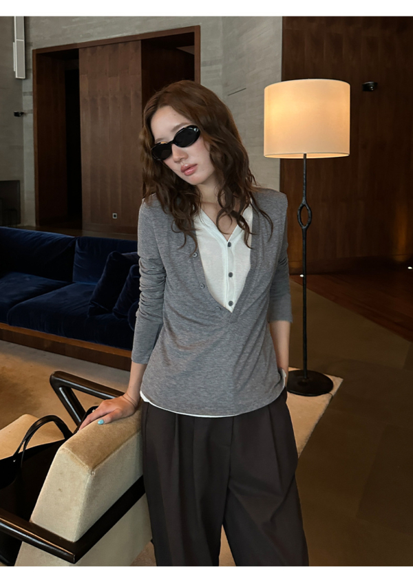 天絲羊毛假兩件長袖針織上衣