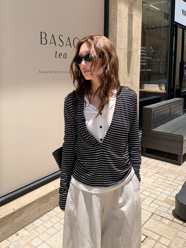 天絲羊毛假兩件長袖針織上衣