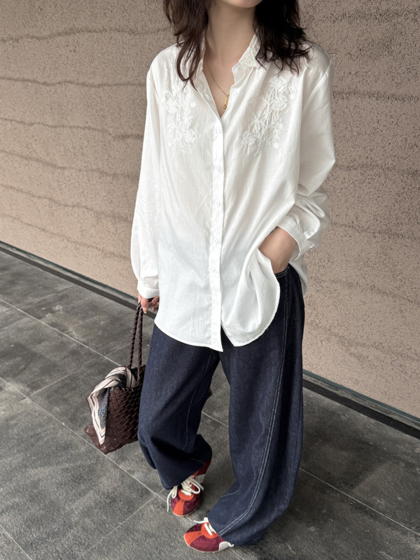 絲領刺繡襯衫天絲上衣