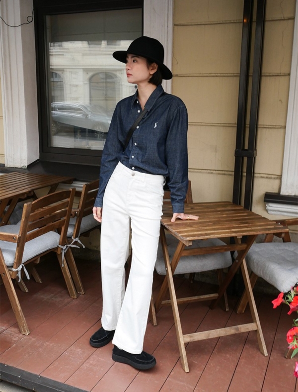 神褲柔軟高腰微喇叭牛仔長褲